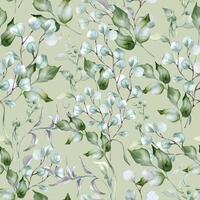 Holly leaves, eucalyptus branches and wavy liana in pastel seamless pattern isolated. Delicate watercolor foliage on repeated texture in sage green painted. Soft green flora background for design vector