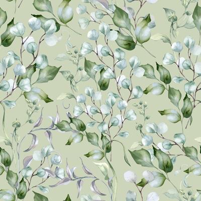 Holly leaves, eucalyptus branches and wavy liana in pastel seamless pattern isolated. Delicate watercolor foliage on repeated texture in sage green painted. Soft green flora background for design