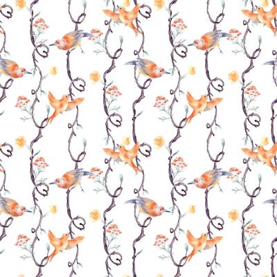 Birds on tree vertical seamless pattern by watercolor isolated. Branches form of heart with neutral flowers and birds on repeating background hand drawn. Nature wallpaper with birds and plants.
