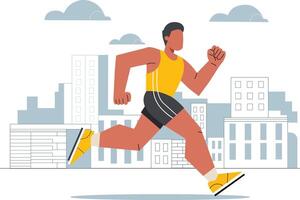 Person in athletic attire is running energetically through cityscape, with buildings and clouds in background vector
