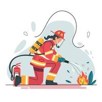Firefighter in red uniform kneels to extinguish small fire with hose, showcasing bravery and dedication vector