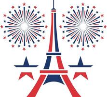 the eiffel tower and fireworks are shown in red, white and blue vector