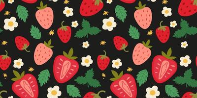 summer pattern with cute cartoon strawberries. Summer flat red berries, summer theme. Seamless pattern for wrapping paper, background, wallpaper, poster, prints vector