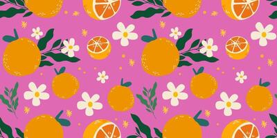 Seamless pattern with cartoon orange fruit, flowers, leaves, branch. Cute summer background in groovy retro style for fabric, decorative paper, textile print. Abstract art print vector