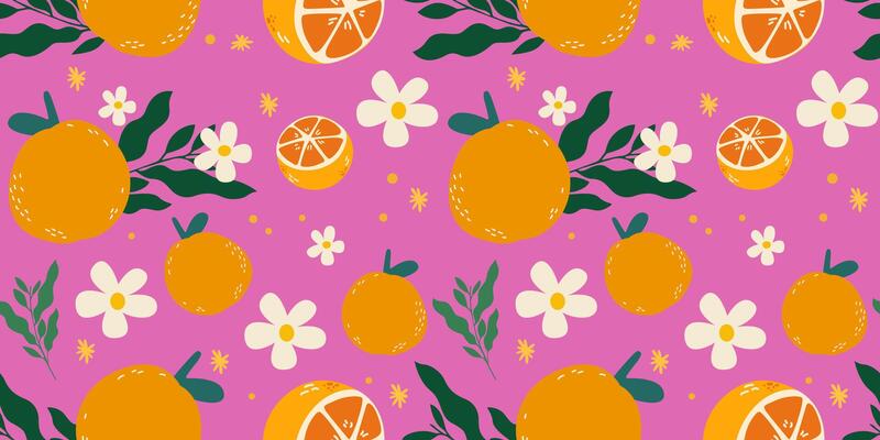 Seamless pattern with cartoon orange fruit, flowers, leaves, branch. Cute summer background in groovy retro style for fabric, decorative paper, textile print. Abstract art print
