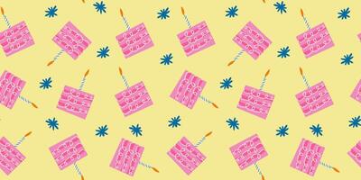 Birthday holiday background in groovy retro style. Seamless pattern for fabric, wrapping paper with pink cakes on yellow background vector