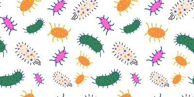 seamless pattern with cartoon simple unicellular organisms, bacteria and viruses. Medicine background with microorganisms under a microscope. Hand drawn pattern for prints, textile vector