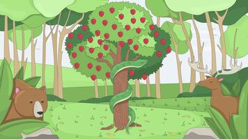 Tree of knowledge with serpent and animals 2D cartoon animation. Bear and deer peeking through greenery. Eden garden biblical appletree snake coiled animated flat backdrop 4K background scene video