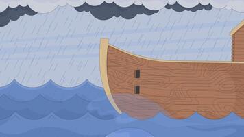 Wooden ark floating on choppy waves in rainstorm 2D cartoon animation. Biblical flood. Storm clouds rainfall, ancient boat ship sailing animated flat backdrop 4K background scene storytelling video