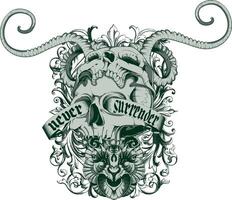 Edgy Never Surrender Skull Graphic Tee Design for Rebellious Style vector