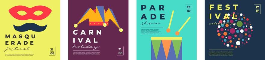 Festive carnival and masquerade square banner set. Flat design with fairground icons, parade, fireworks and colorful masks. Perfect for summer party, amusement event or cultural celebration. vector