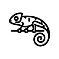 Linear chameleon clings to the branch with a curled tail, presented on white vector
