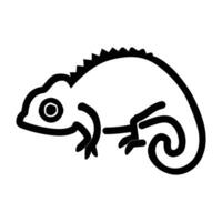 Black outline defines a simple, stylized chameleon with curled tail on transparent background vector