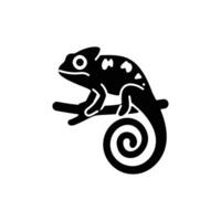 Chameleon, solid black, sits peacefully on the branch with a curly tail, transparent background vector