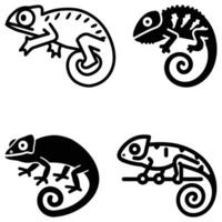 Four chameleon black line art icons with curled tails appear on a white transparent background vector