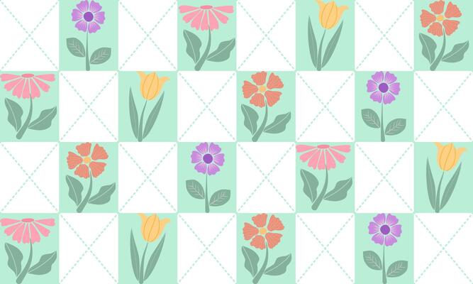 a tartan pattern green pastel color with pastel flowers , design for fabric or various pattern printing works.