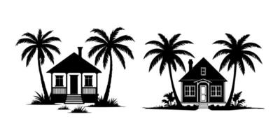 Simple Tropical House Scene with Palm Tree Silhouette Design vector