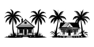 Flat Design of Palm Tree Silhouette Framing Beachfront House vector