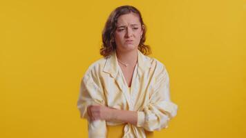 Offended sad young woman having frustrated after quarrel, fail, lose, ignores, does not want to talk video