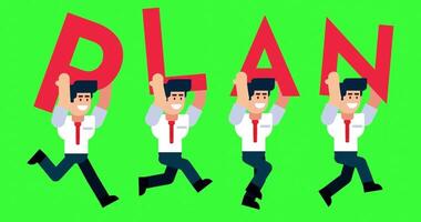 Animated businessmen running with PLAN text on green screen background for business and strategy concepts video
