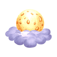 Yellow full moon in soft night clouds watercolor isolated illustration for kids design. Cute hand drawn selestial satellite. Decoration element for nursery or baby textile. Clipart of fairy dreams. png