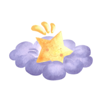 Cute little star on purple cloud watercolor illustration for baby desing. Funny smiling character in star shape hand drawn isolated print. Sticker in playful kids fairy dreams style for nursery decor. png