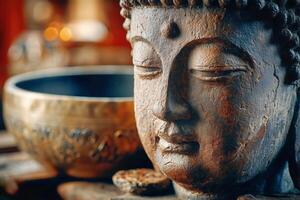 A buddha statue sits next to a bowl photo