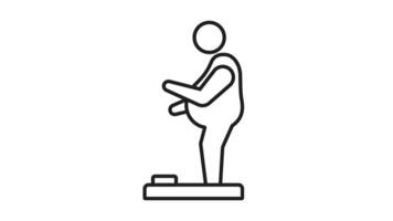 Overweight linear animation. Person standing on a scale, measuring weight. Suitable for health and fitness. Seamless loop HD with alpha channel on transparent background. Animated outline icon video
