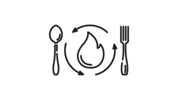 Food to energy linear animation. Fork, spoon, flame in circle. Metabolism or digestion concept. Seamless loop HD with alpha channel on transparent background. Animated outline icon video