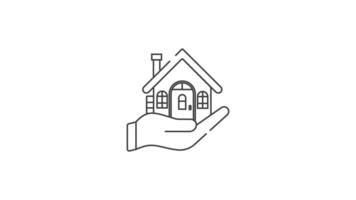 Hand holding a house linear animation, symbolizing home ownership, real estate, property investment.Seamless loop HD with alpha channel on transparent background. Animated outline icon video
