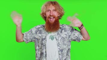 Happy man smiling friendly waving hands gesturing hello greeting or goodbye, meeting invitation video