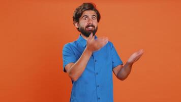 Man raising hands asking what why reason of failure anti lifehacks ridicules disbelief irritation video