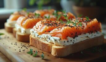 Smoked salmon on toast with cream cheese photo