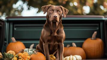 A brown dog sitting in the back of a truck with pumpkins photo