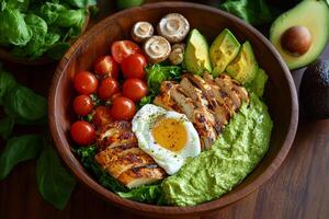 A bowl of food with chicken, avocado, tomatoes and eggs photo