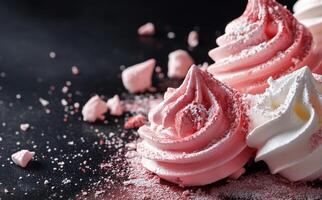 Pink and white meringue with crushed sugar on a black background photo