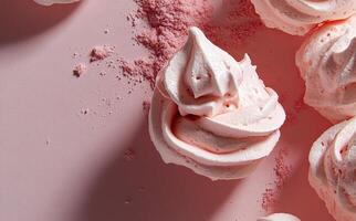 Pink meringue mousse on pink background photo