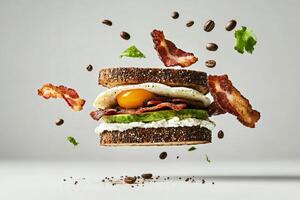 A sandwich with bacon, eggs and avocado photo