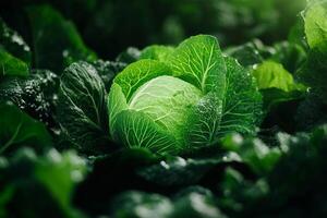 A cabbage is growing in a field of green leaves photo