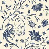 Seamless fantasy floral pattern with dragons and mythical creatures design vector