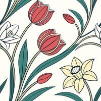 Seamless spring floral pattern stylized tulips and daffodils vector