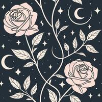 Seamless celestial rose pattern with moon phases vector