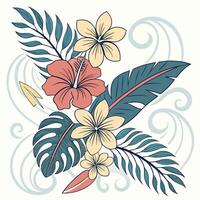 Hawaiian floral print with surfboard and wave soft motifs vector