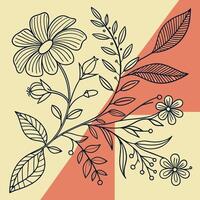 Color block backgrounds with line art botanical illustrations vector