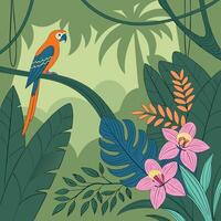 Vibrant jungle banner with birds of paradise and orchids vector