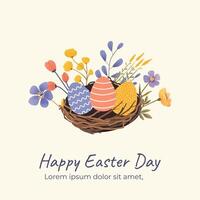 Template with cute Easter nest with eggs, spring flowers and trendy typography design in pastel colors vector