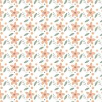 A Gentle Bloom Peach Flowers, Green Leaves, and Earthy Dots Seamlessly Repeat on a White Background for a Calming, Natural Pattern. vector