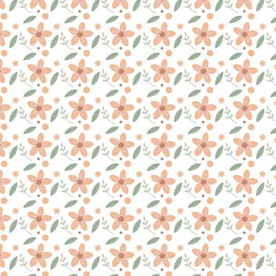A Gentle Bloom Peach Flowers, Green Leaves, and Earthy Dots Seamlessly Repeat on a White Background for a Calming, Natural Pattern.