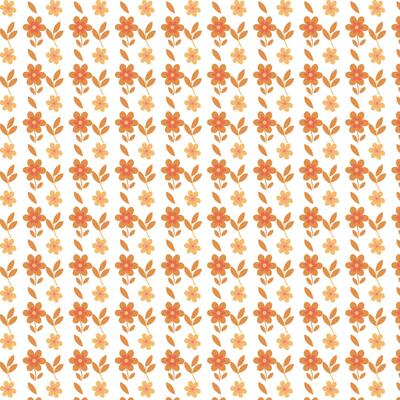 A seamless pattern showcasing stylized orange and tan flowers and leaves on a white background, perfect for retro or vintage designs.