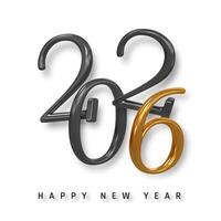 New Year 2026 Celebration Design with Glossy 3D Typography, Gold and Black Digits, Minimal White Background. Festive Holiday Greeting Concept. Illustration vector